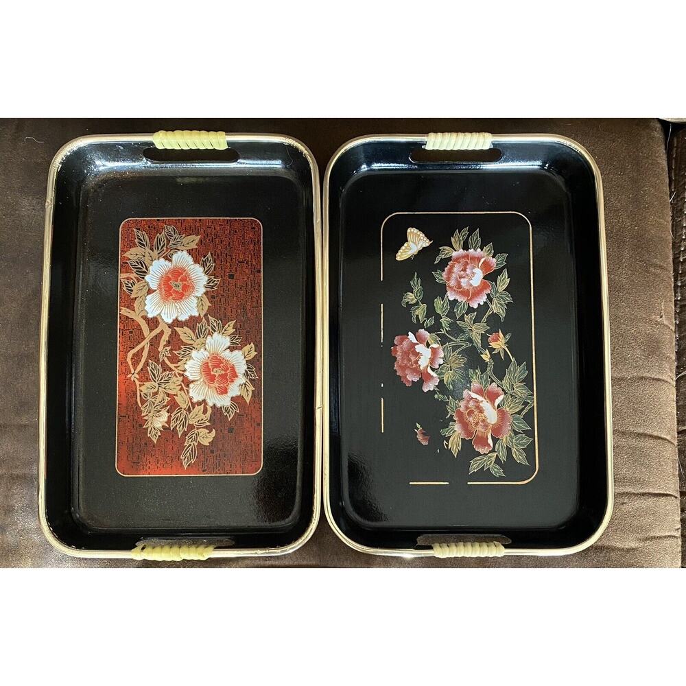 Two Plastic Japanese 10 1/2” Floral Both Different Wrapped Handle Trays - Picture 6 of 6